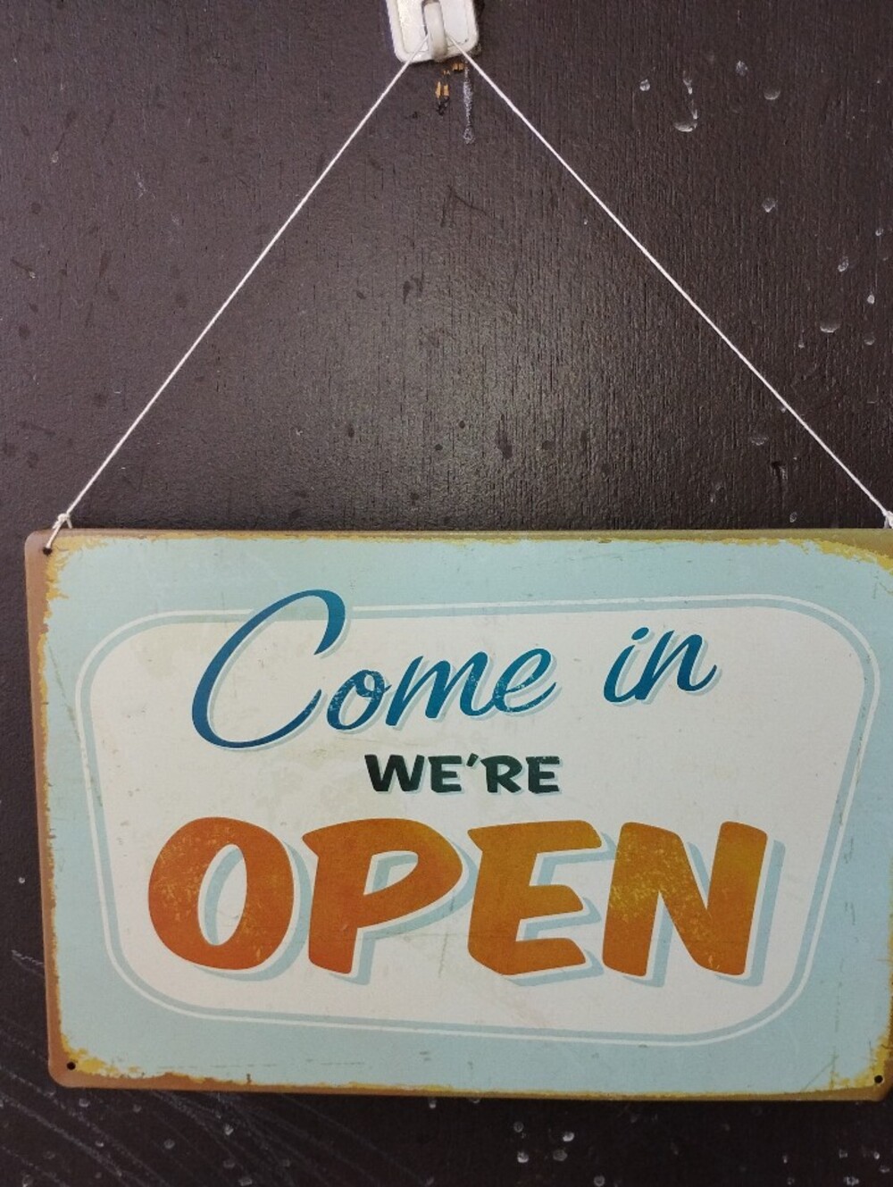 Come In We're Open Sign - Vintage Style Blue and Orange Wall Decor